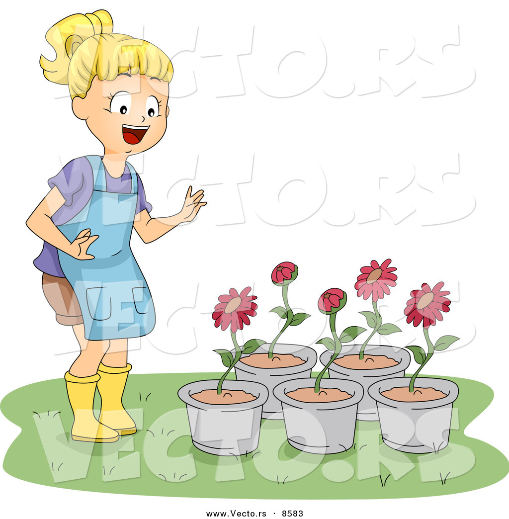 Larger Preview: Cartoon Vector of a Happy Girl Looking at 5 Potted Red ...