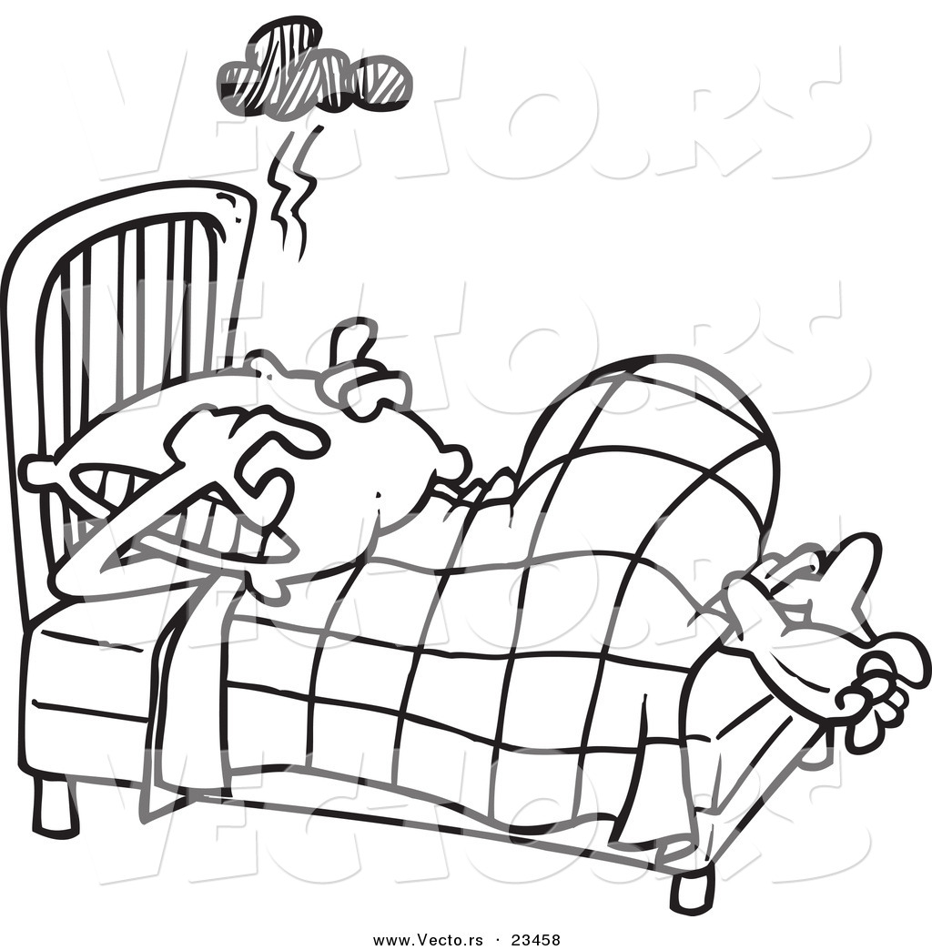Cartoon Man Covering His Head with a Pillow - Coloring Page Outline