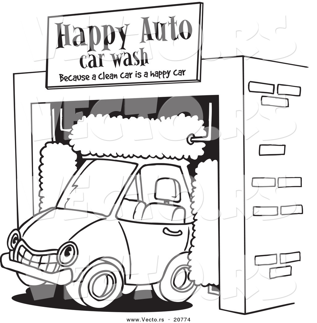 Vector of a Cartoon Car Driving Through an Auto Wash - Coloring Page