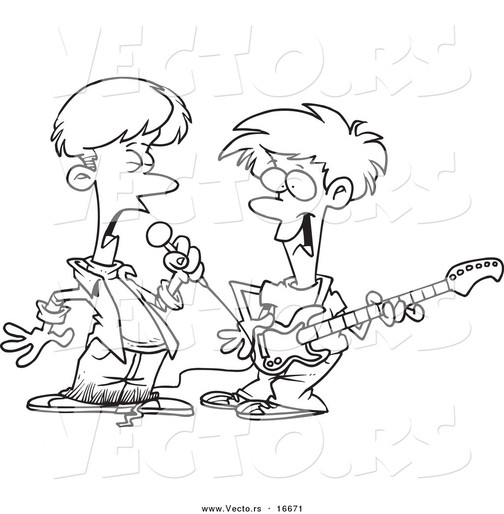 Vector of a Cartoon Cartoon Black and White Outline Design of Two Boys