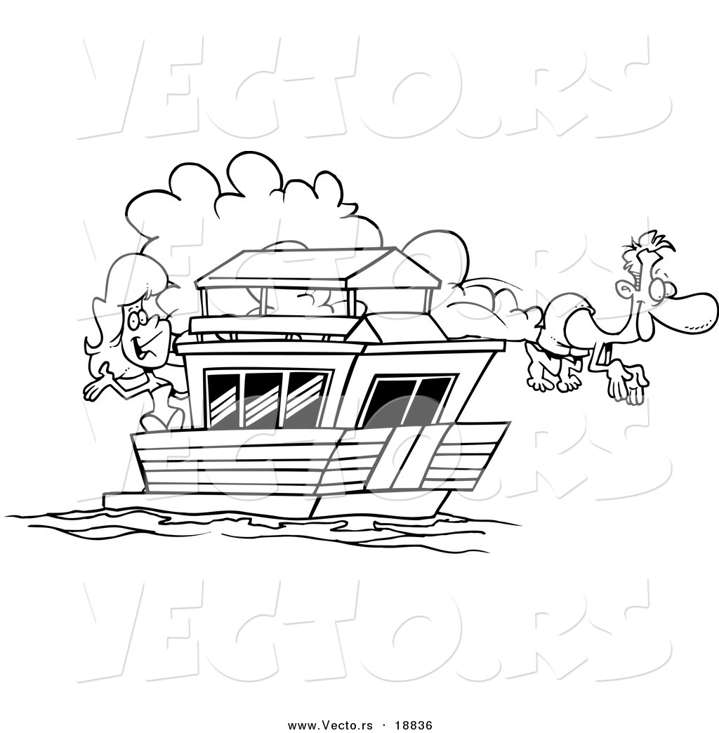 Vector of a Cartoon Couple on Their House Boat - Outlined Coloring Page
