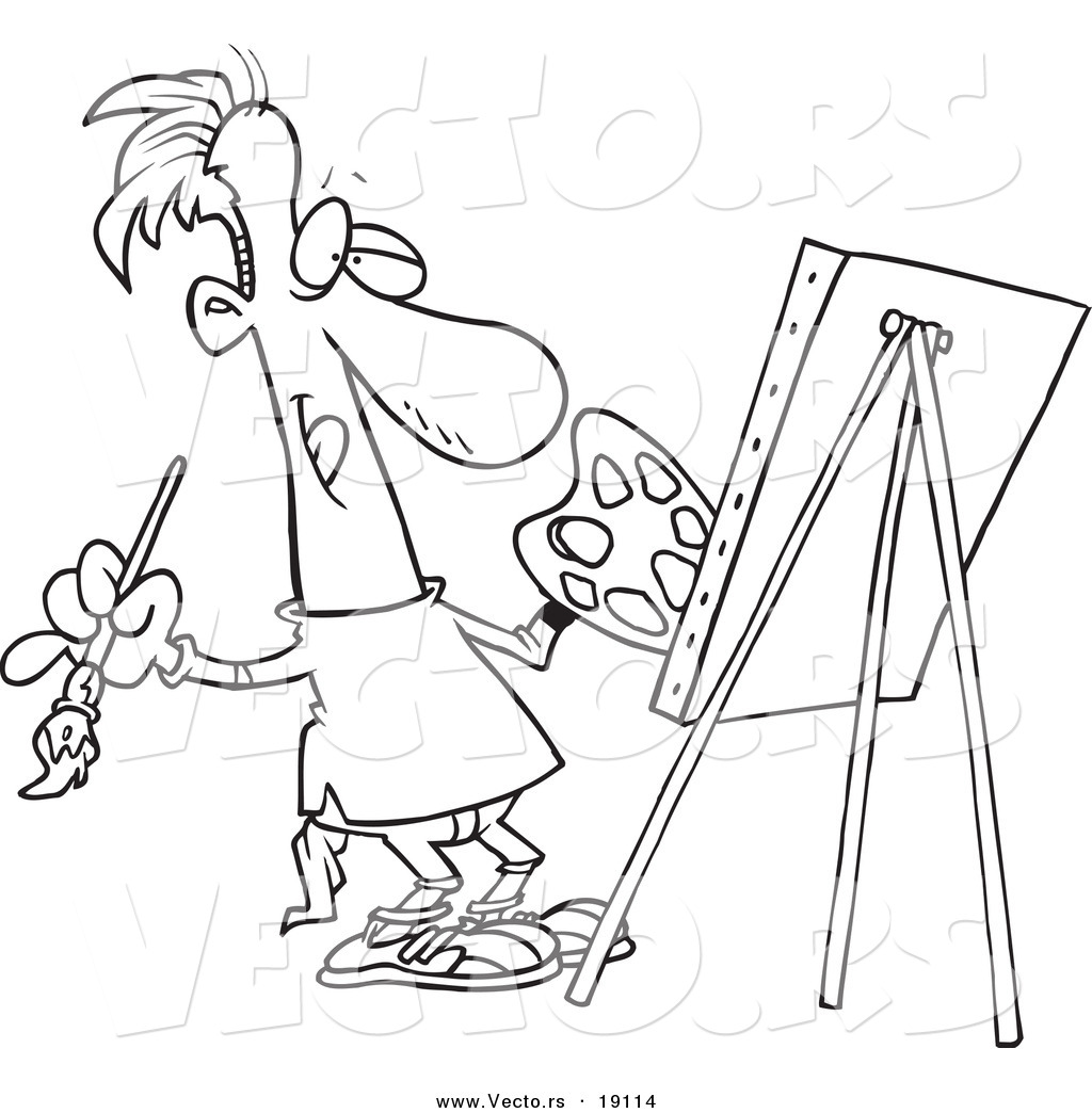 Vector Of A Cartoon Male Artist Painting His Masterpiece Outlined Coloring Page By Ron