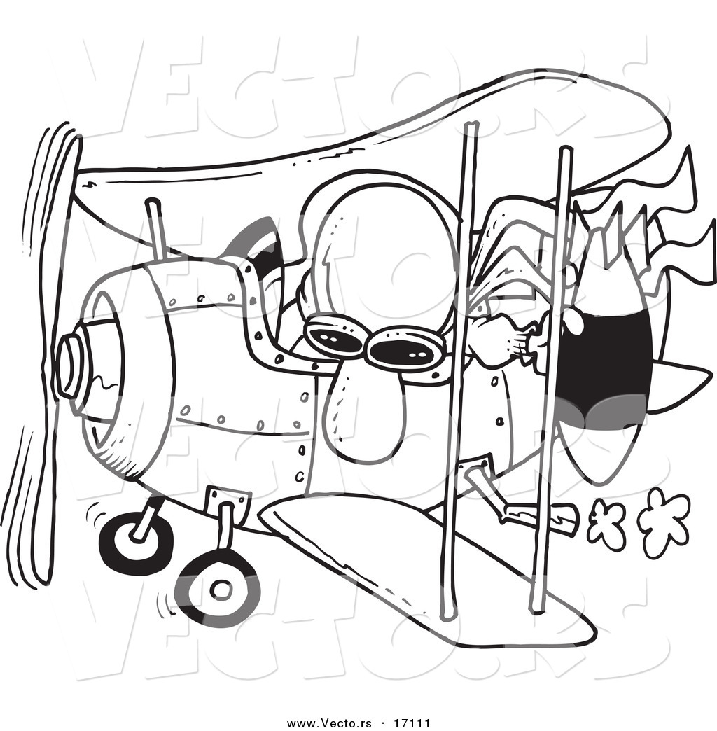 Vector of a Cartoon Pilot Dropping a Bomb - Coloring Page Outline by