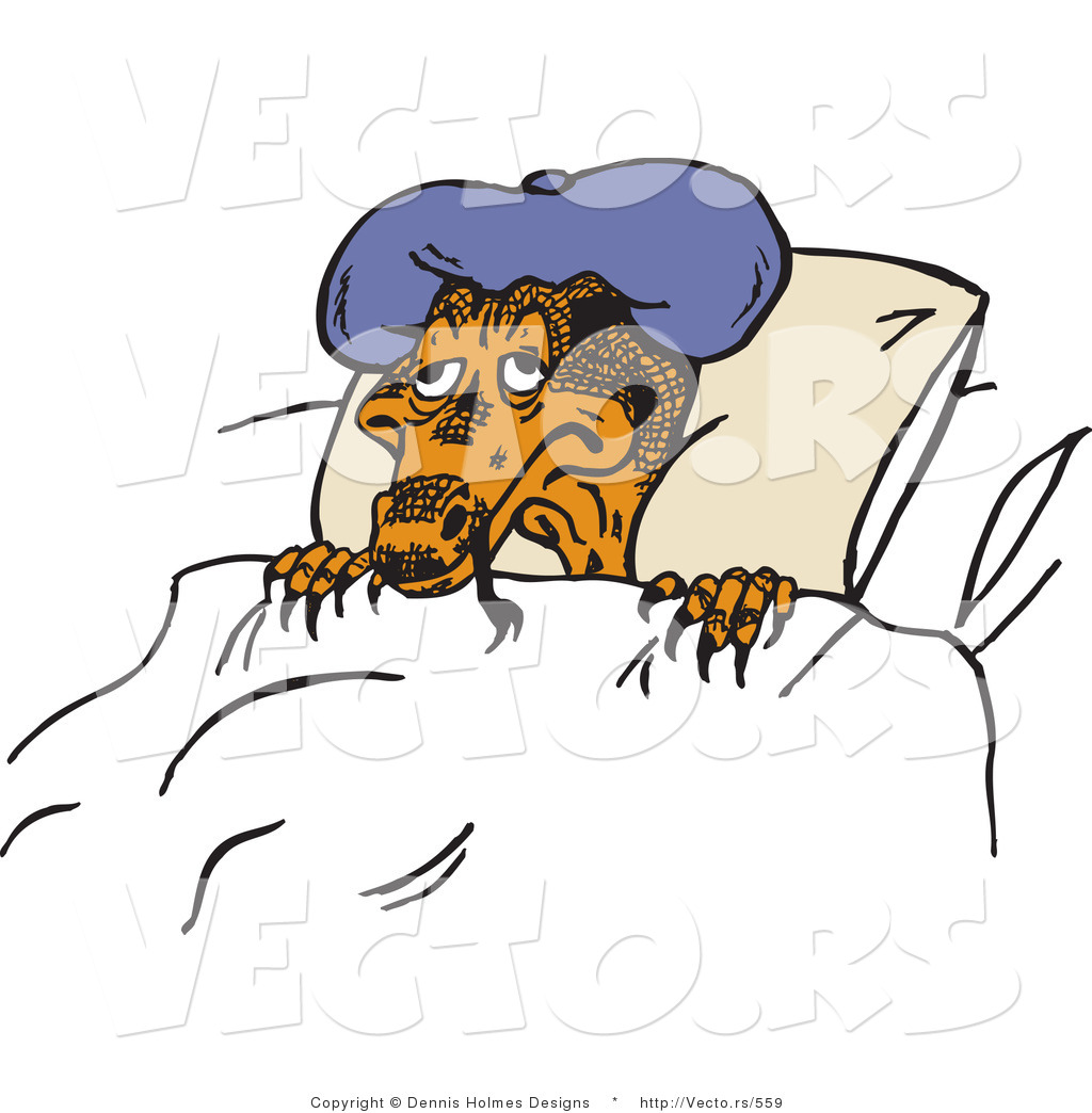 ... Cartoon Lizard Wearing Cold Pack While Resting in Bed by Dennis Holmes