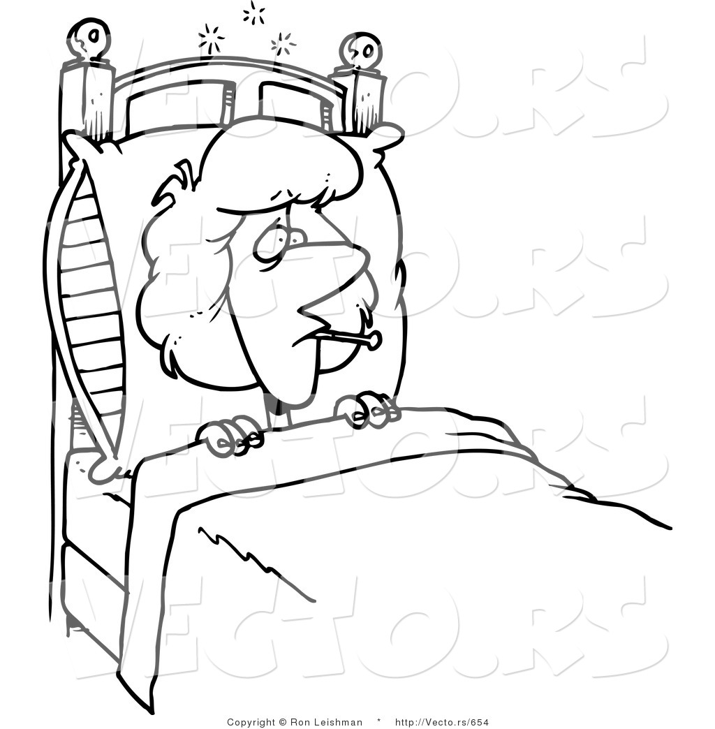 Vector of a Sick Cartoon Woman Laying in Bed with a Fever - Line