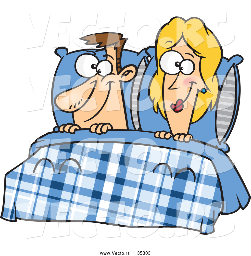 ... of a Smiling Cartoon Man and Woman Laying in Bed by Ron Leishman