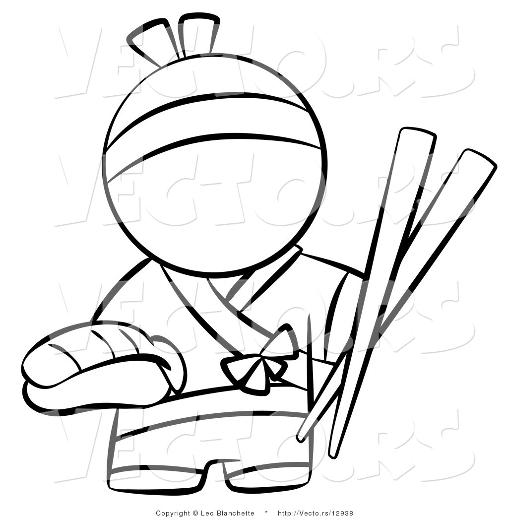 Vector of Japanese Chef with Chopsticks and Sushi - Coloring Page