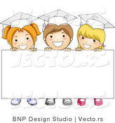 Cartoon Vector of 3 Graduating Kids Standing Behind Blank Sign with Big Smiles by BNP Design Studio