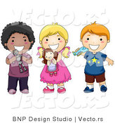 Cartoon Vector of 3 Happy Diverse Kids Holding Toys and Smiling by BNP Design Studio