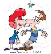 Cartoon Vector of a Couple Kissing Under Mistletoe by Toonaday