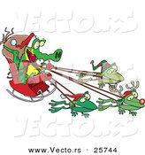 Cartoon Vector of a Crocodile Santa with Frog Reindeer Pulling His Sleigh by Toonaday