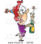 Cartoon Vector of a Happy Girl Opening a Bottle of Wine at a New Year's Party by Toonaday
