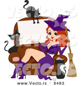 Cartoon Vector of a Happy Halloween Pinup Witch Girl Advertising Blank Sign with Black Cats by BNP Design Studio