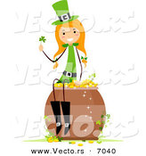 Cartoon Vector of a Happy St. Patrick's Day Girl Sitting on a Lucky Pot of Gold by BNP Design Studio