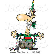 Cartoon Vector of a Man Wearing Christmas Lights, with a Lit Candle and Holly by Toonaday