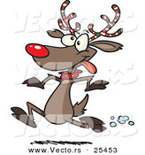 Cartoon Vector of a Rudolph the Reindeer with Festive Red, White and Green Striped Antlers, Running in the Snow by Toonaday