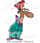 Cartoon Vector of a Sick Black Man Standing with Ice Pack on His Feverish Head by Toonaday