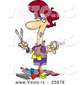 Cartoon Vector of a Woman Holding Tape and Scissors and Standing in Paper Scraps by Toonaday