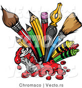 Cartoon Vector of Art Supplies: Pencils, Ink Pens, Paint Brushes by Chromaco