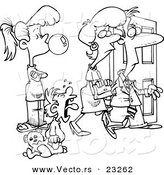 Cartoon Vector of Cartoon Babysitter Watching Parents Leave - Coloring Page Outline by Toonaday