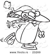 Cartoon Vector of Cartoon Winter Penguin Ice Skating - Coloring Page Outline by Toonaday