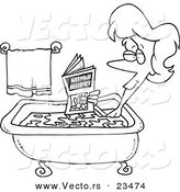 Cartoon Vector of Cartoon Woman Reading in the Bath Tub - Coloring Page Outline by Toonaday