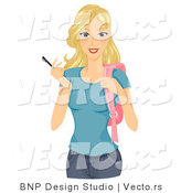 Cartoon Vector of College Girl Holding Pen While Carrying Backpack by BNP Design Studio