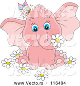 Cartoon Vector of Cute Pink Elephant with a Butterfly and Flowers by Alex Bannykh
