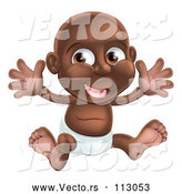 Cartoon Vector of Happy Black Baby Boy in a Diaper, Holding His Arms up by AtStockIllustration