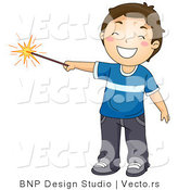 Cartoon Vector of Happy Boy Holding Lit Sparkler Firework on the 4th of July by BNP Design Studio