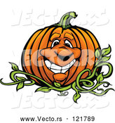 Cartoon Vector of Happy Pumpkin Mascot on the Vine by Chromaco