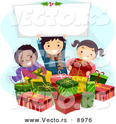 Cartoon Vector of Kids with Gifts, Holding a Blank Sign on Christmas by BNP Design Studio