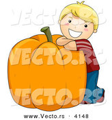 Halloween Vector of a Happy Cartoon Boy Leaning on Giant Pumpkin with Big Smile on His Face by BNP Design Studio