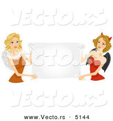 Halloween Vector of Beautiful Angel and Devil Girls Holding a Blank Banner Sign by BNP Design Studio