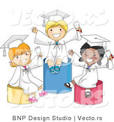 Vector Cartoon of Happy Graduation Kids Sitting on Pillars by BNP Design Studio