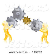 Vector of 3d Gold People Connecting Two Giant Gear Cogs by AtStockIllustration