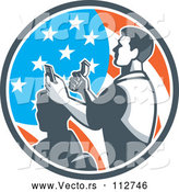 Vector of a Barber Man Cutting a Client's Hair with Clippers in an American Flag Circle by Patrimonio