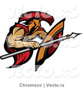 Vector of a Battling Cartoon Spartan Warrior Using Shield and Spear by Chromaco
