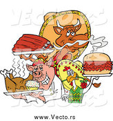 Vector of a BBQ Chef Chicken Pig and Cow Holding Ribs Roasted Bird and Pulled Pork Burger by LaffToon