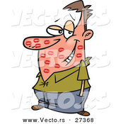 Vector of a Blushing Cartoon Man Covered with Lipstick Kisses All over His Face by Toonaday