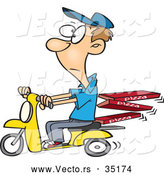 Vector of a Bored Cartoon Man Delivering Fresh Pizza on a Scooter by Toonaday