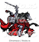 Vector of a Brave Medieval Knight Rearing up on His Black Horse While Holding a Sword into the Air by Chromaco