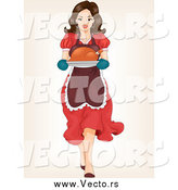 Vector of a Brunette White Woman Carrying a Roasted Turkey by BNP Design Studio