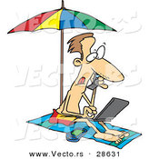 Vector of a Busy Cartoon Man Working on His Computer at the Beach by Toonaday