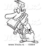 Vector of a Cartoon Approval Seeking Employee with a Book in His Mouth - Outlined Coloring Page Drawing by Toonaday