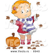Vector of a Cartoon Baby Playing in Autumn Leaves Beside a Pumpkin by BNP Design Studio