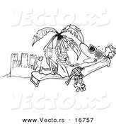 Vector of a Cartoon Beach Bum Man Tanning by a Sand Castle - Coloring Page Outline by Toonaday