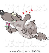 Vector of a Cartoon Bear Running with a Flower and Love Hearts by Toonaday