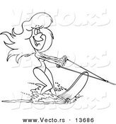 Vector of a Cartoon Beautiful Woman Waterskiing - Coloring Page Outline by Toonaday