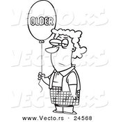 Vector of a Cartoon Birthday Woman with an Older Balloon - Outlined Coloring Page by Toonaday